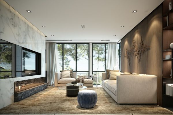 Modern living room with large windows and comfortable seating 600 Unsplash
