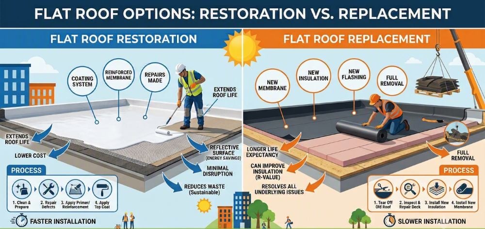 Flat Roof Restoration vs. Replacement: How to Tell Which One You Need