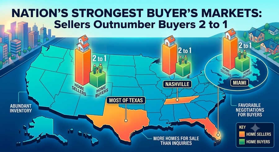 Home Sellers Outnumber Buyers 2 to 1 in Miami, Nashville, and Much of Texas, The Nation’s Strongest Buyer’s Markets